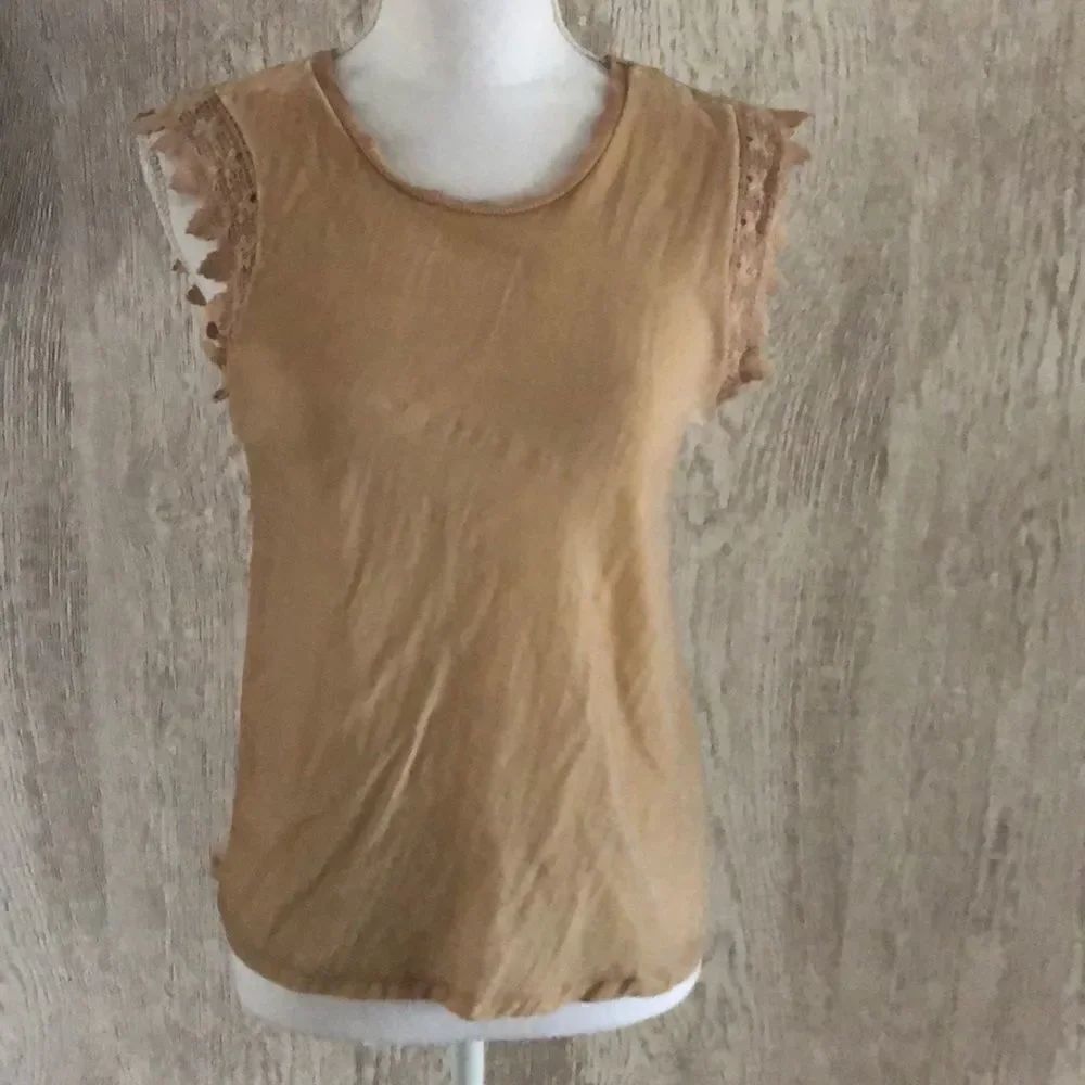 Zara Tan Velvet-like Lace Arm Trim Tank Top